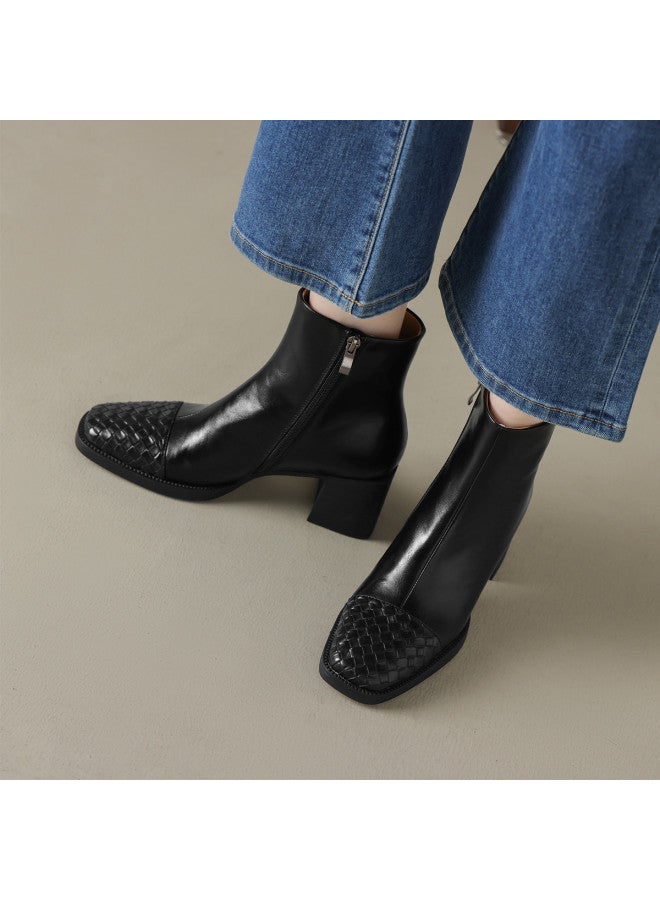 AME Fashion Stylish Ankle Boots 2025 Autumn Winter New Woven Patchwork Design Chunky Heel Slim Boots For Women Commute - Image 2