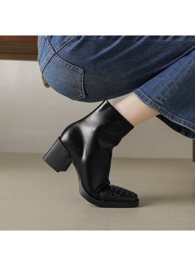 AME Fashion Stylish Ankle Boots 2025 Autumn Winter New Woven Patchwork Design Chunky Heel Slim Boots For Women Commute - Image 4