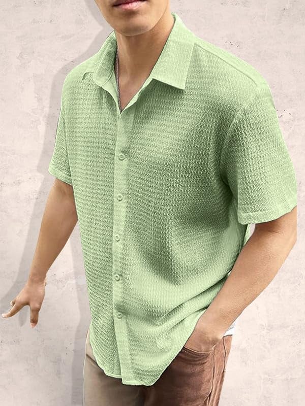 Tee Projekt Men's Popcorn Shirt Texture Pattern Men's Casual Shirt Half Sleeves Goa Beach Summer Shirt Mint Green - Image 3