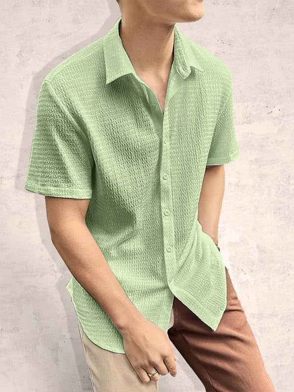 Tee Projekt Men's Popcorn Shirt Texture Pattern Men's Casual Shirt Half Sleeves Goa Beach Summer Shirt Mint Green - Image 4