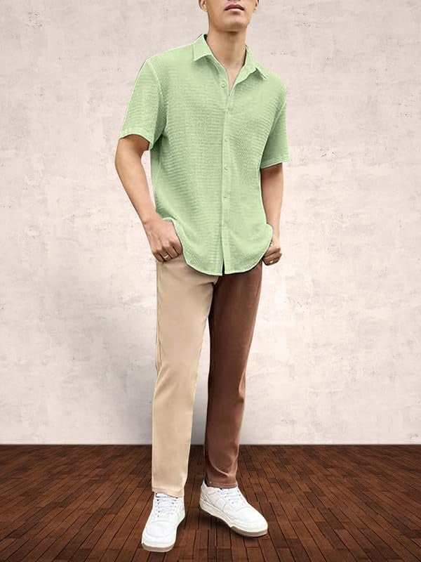 Tee Projekt Men's Popcorn Shirt Texture Pattern Men's Casual Shirt Half Sleeves Goa Beach Summer Shirt Mint Green - Image 5