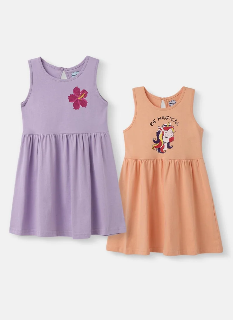 Nautinati Girls' Unicorn & Floral Graphic Cotton Dresses Pack | Sleeveless | Age 12–18M
