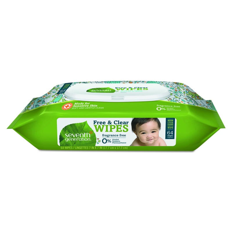 Seventh Generation 34208CT Free & Clear Baby Wipes, Unscented, White, 64 Wipes Per Pack (Case of 12 Packs) - Image 1