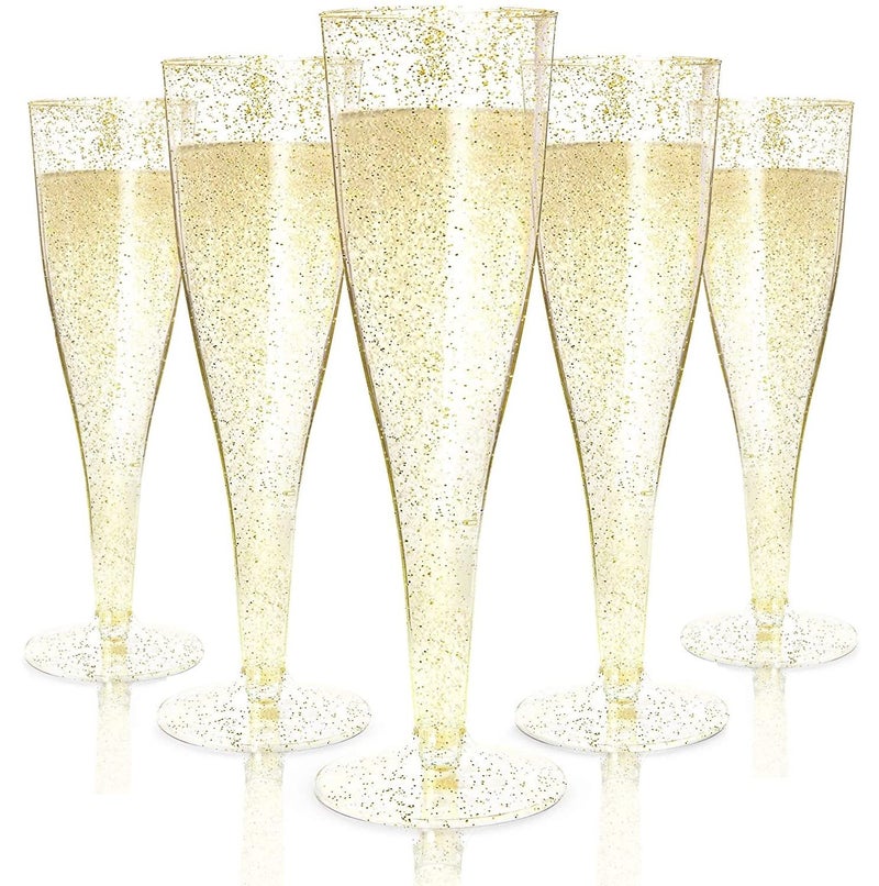 LATERN 54Pcs Plastic Champagne Flutes 150ml Gold Glitter Champagne Glasses Reusable Stemmed Party Wine Cups for Garden Wedding Anniversary Shower Parties 5 x 17cm