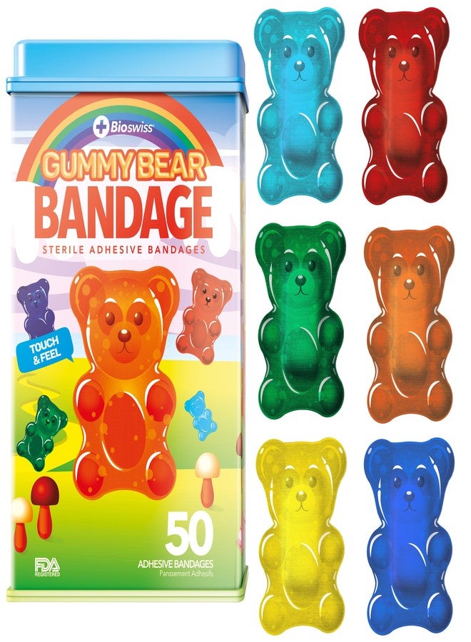 BioSwiss Kids Bandages, Gummy Bear Shaped Self Adhesive Bandage Set, Latex Free, Sterile Wound Care, 50 Count - Image 1