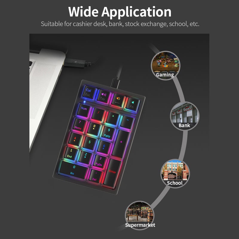 Numeric Keyboard: 21 Keys Compact Layout With Linear Mechanical Yellow Switches - RGB Backlight Effect Double-Layer Translucent Pudding Keycaps for Cashier Desk, Bank, Stock Exchange, School - Image 3