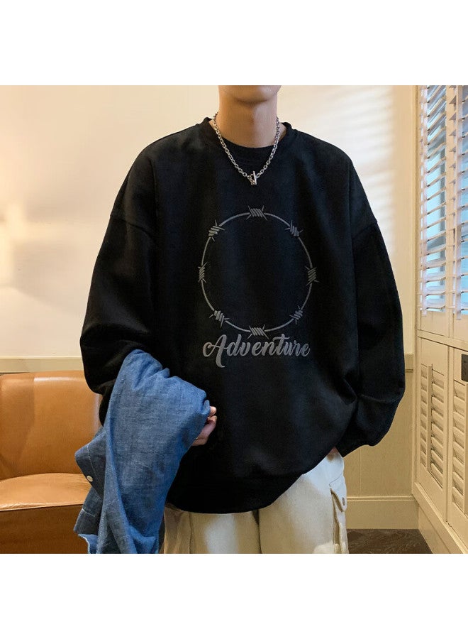 Dingfengbaoluo Men's Long Sleeve Suede Sweatshirt American Vibe Spring Trend Printed T-shirt Loose Dfl01 Black 2XL - Image 4