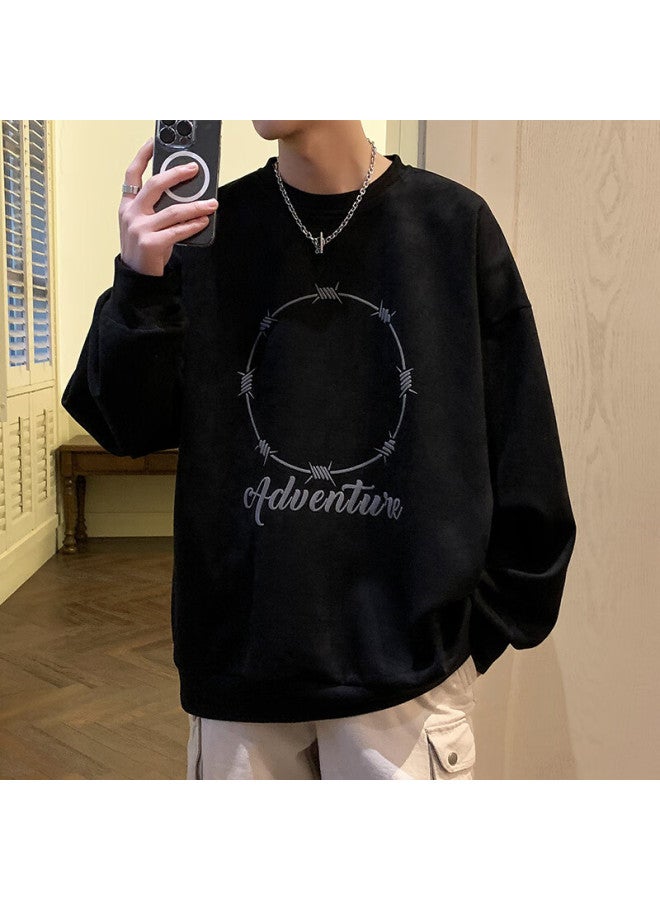 Dingfengbaoluo Men's Long Sleeve Suede Sweatshirt American Vibe Spring Trend Printed T-shirt Loose Dfl01 Black 2XL - Image 5