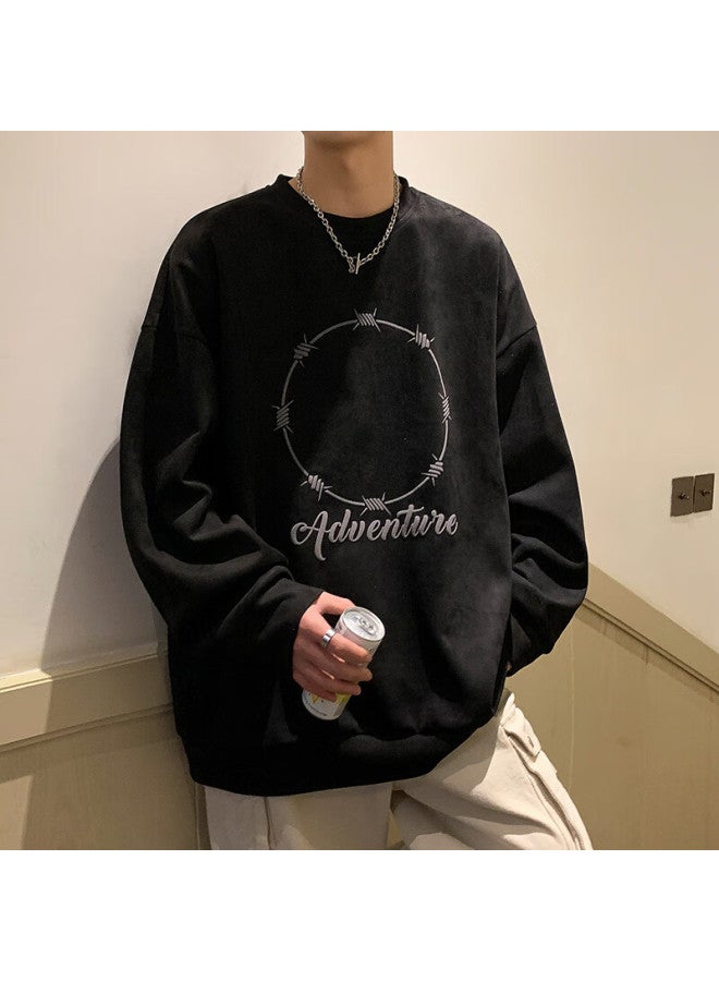 Dingfengbaoluo Men's Long Sleeve Suede Sweatshirt American Vibe Spring Trend Printed T-shirt Loose Dfl01 Black 2XL - Image 3