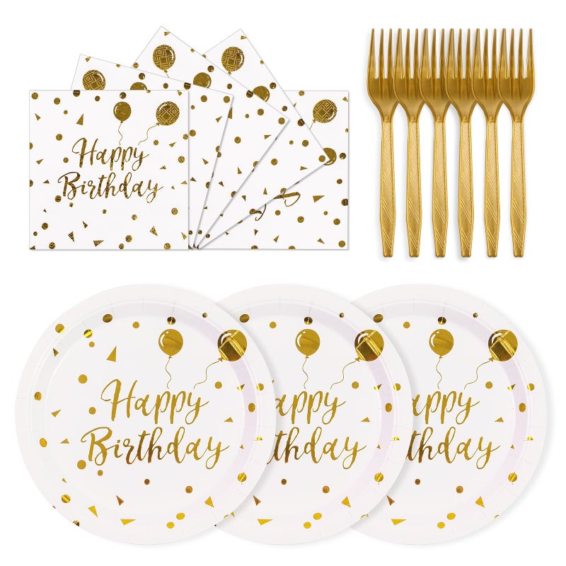 75PCS Happy Birthday Paper Plates 7 Inch White Gold Dot Paper Plates and 65 Inch Napkins with 63 Inch Forks Disposable Tableware Set for Birthday Party Decorations Serves 25