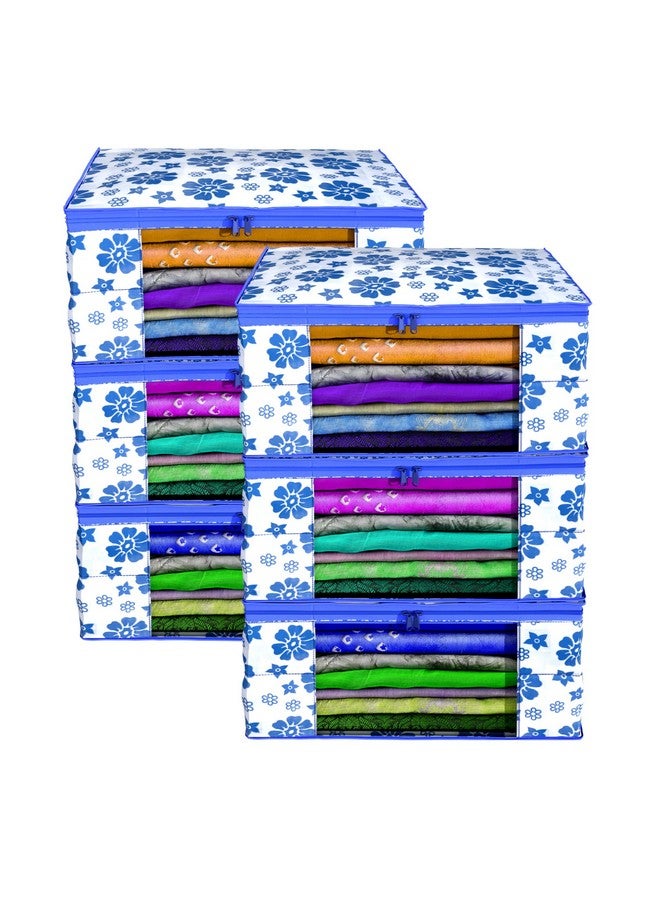 Kuber Industries Non-Woven Floral Print Saree Covers With Zip|Foldable Wardrobe Organizer For Clothes|Saree Bags Keep 8 To 10 Saree|Suitable For Lehenga, Suit, Dress|Pack Of 6 (White & Blue) - Image 1