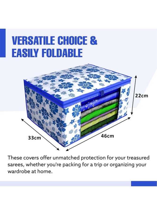Kuber Industries Non-Woven Floral Print Saree Covers With Zip|Foldable Wardrobe Organizer For Clothes|Saree Bags Keep 8 To 10 Saree|Suitable For Lehenga, Suit, Dress|Pack Of 6 (White & Blue) - Image 3