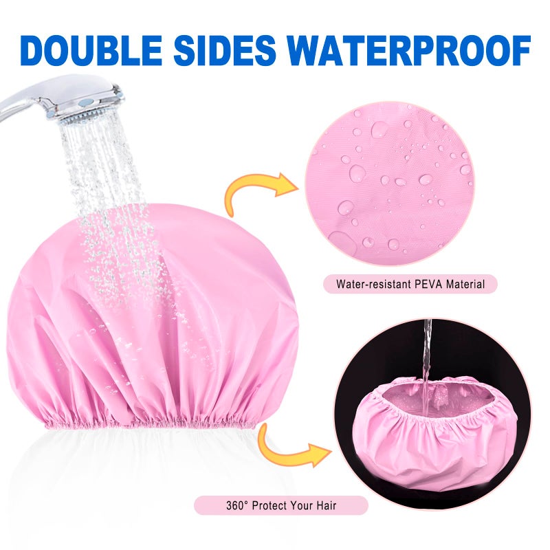 CHFONG 6 PCS Shower Caps for Women, Double Side Waterproof Shower Cap, Reusable Elastic Bath Caps for Shower, EVA Bathing Shower Caps, Bath Hair Caps - Black White Pink Yellow Brick Red Dark Green - Image 5