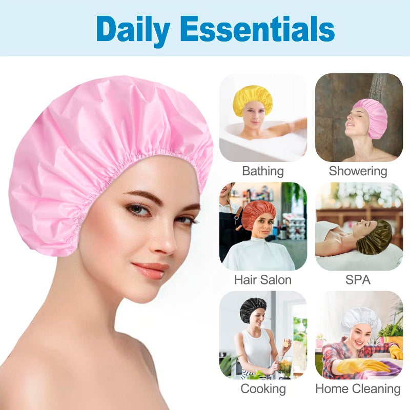 CHFONG 6 PCS Shower Caps for Women, Double Side Waterproof Shower Cap, Reusable Elastic Bath Caps for Shower, EVA Bathing Shower Caps, Bath Hair Caps - Black White Pink Yellow Brick Red Dark Green - Image 4