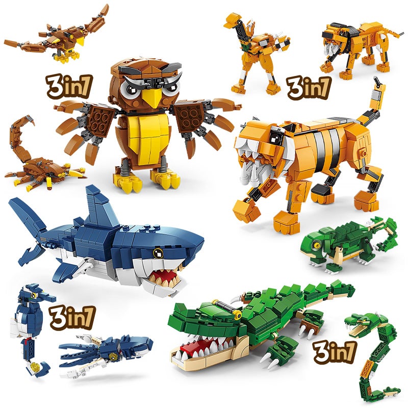 HIGH GODO Creator 3 in 1 Animals Building Set, Owl, Shark, Crocodle, Tiger to Animal Model Toys, Collectible Gifts for Teens Adults 14+ (1084 PCS) - Image 1