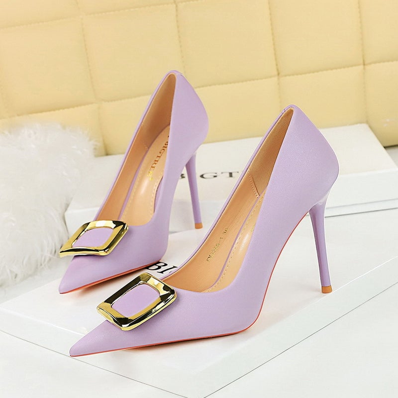 3265-K7 Banquet Fashion High Heels Stiletto Shallow Mouth Pointed Toe Slimming Look Metal Buckle High-Heeled Shoes - Image 1