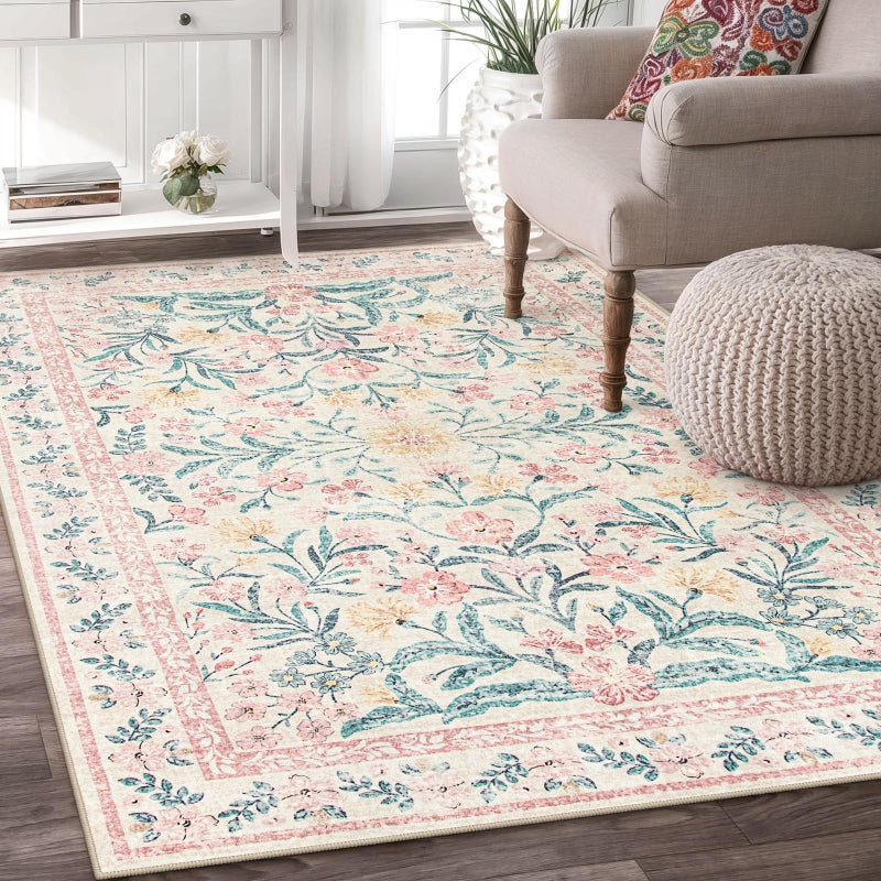 Wonnitar Pink Rugs for Bedroom Girls 5x7 Washable Rug for Nursery Decor Boho Soft Floral Carpet Non Slip Indoor UltraThin Floor Carpet for Baby Kids Room Living Room Dorm