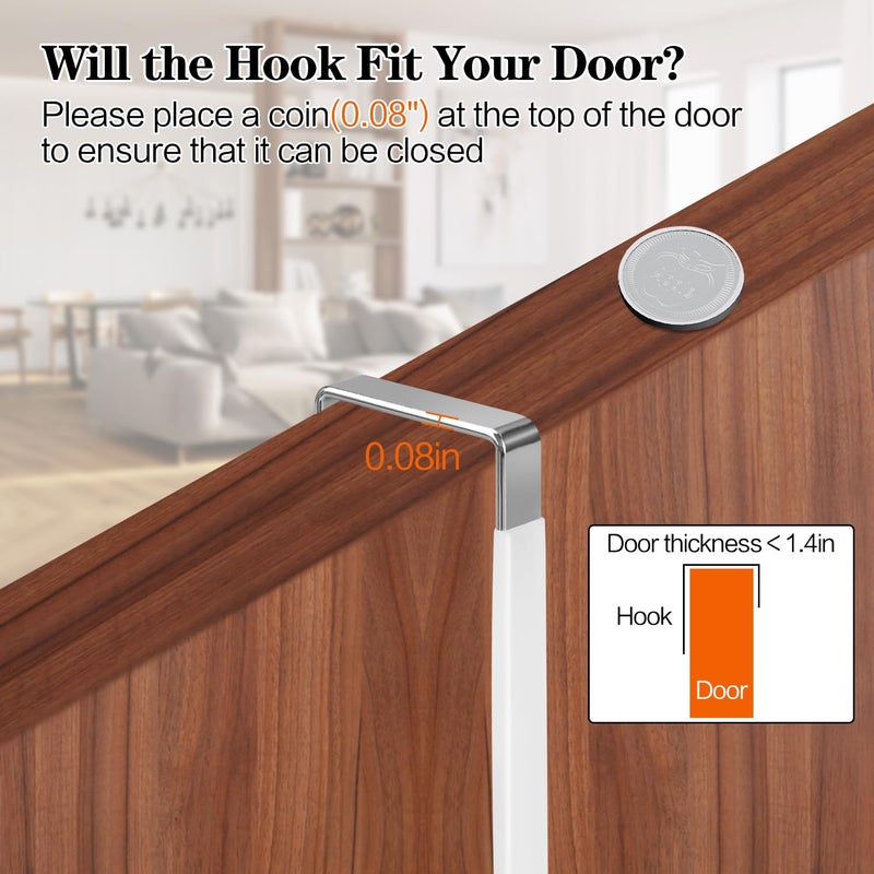 DkOvn 4 Pack Over The Door Hooks, Fits Doors Less Than 1.4in Thick, White Rubber Surface Prevent Scratch Door Hanger Hooks for Bathroom, Living Room, Kitchen, Hanging Clothes, Towels, Bags - Image 2