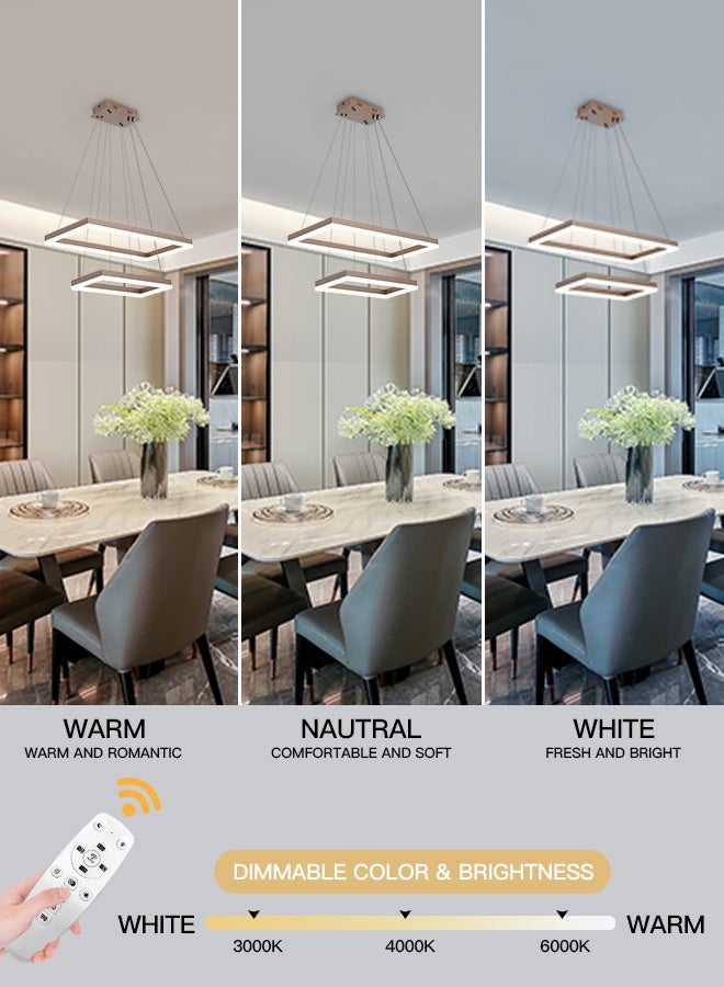 YATAI LIGHTING Modern Brown LED Rectangular Chandelier with Remote, 60W Dimmable Ceiling Light, Dual Rectangle Design, 3000K-6000K Switch Control, Adjustable Height Chandelier for Living and Dining Rooms - Image 3