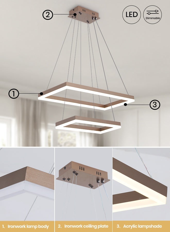YATAI LIGHTING Modern Brown LED Rectangular Chandelier with Remote, 60W Dimmable Ceiling Light, Dual Rectangle Design, 3000K-6000K Switch Control, Adjustable Height Chandelier for Living and Dining Rooms - Image 4