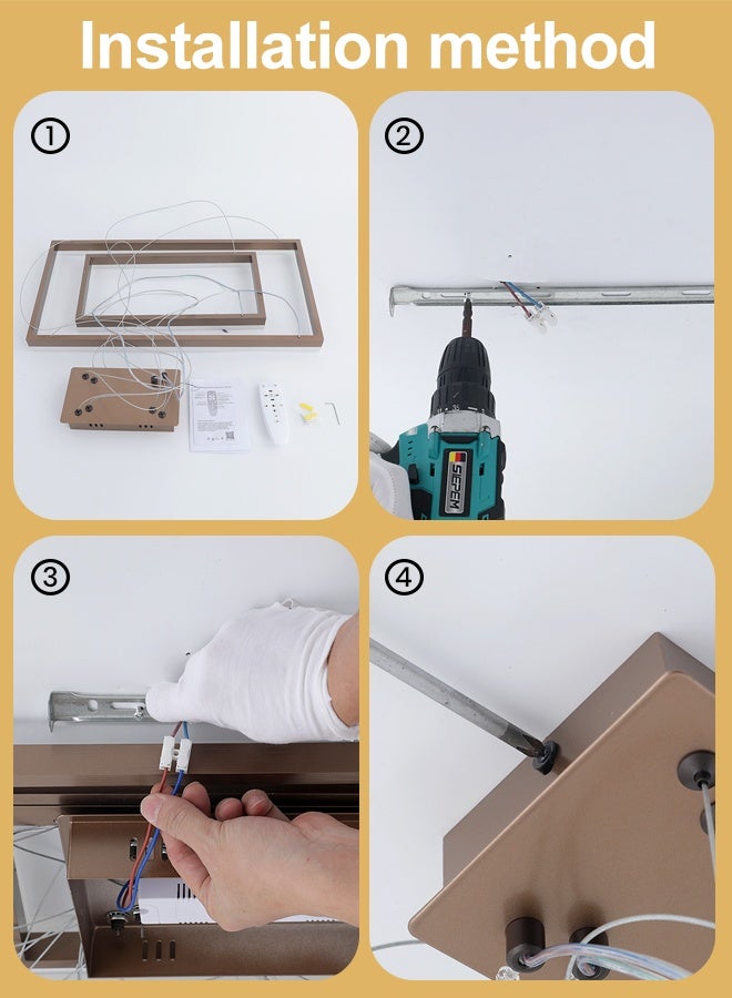 YATAI LIGHTING Modern Brown LED Rectangular Chandelier with Remote, 60W Dimmable Ceiling Light, Dual Rectangle Design, 3000K-6000K Switch Control, Adjustable Height Chandelier for Living and Dining Rooms - Image 5