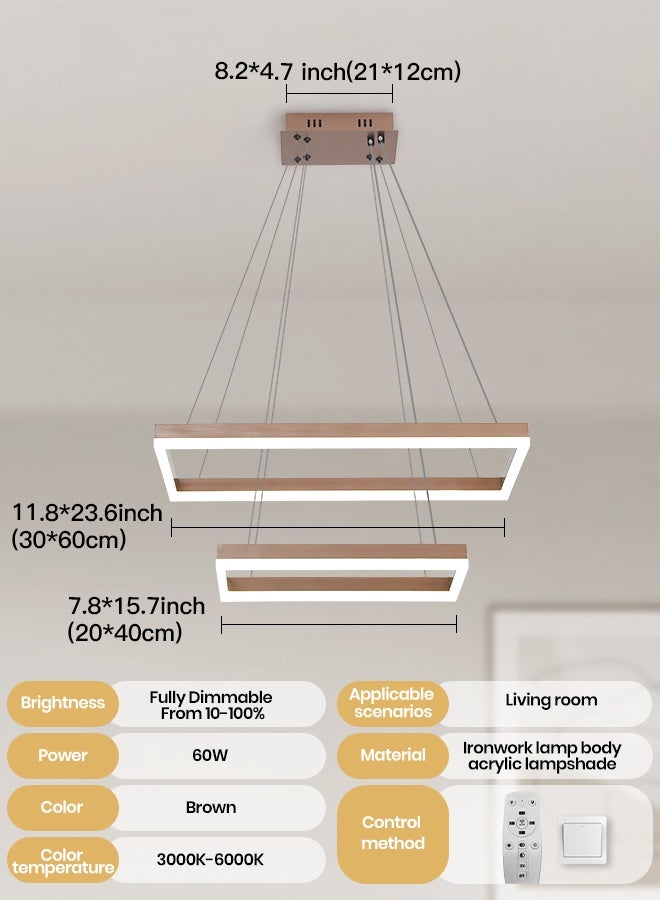 YATAI LIGHTING Modern Brown LED Rectangular Chandelier with Remote, 60W Dimmable Ceiling Light, Dual Rectangle Design, 3000K-6000K Switch Control, Adjustable Height Chandelier for Living and Dining Rooms - Image 2