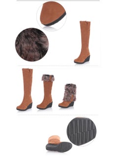 NIBEMINENT Women's Fluffy Furry Knee High Boots, Winter Warm Wedge Long Boots, Thermal Pull On Suedette Boots  - Image 4