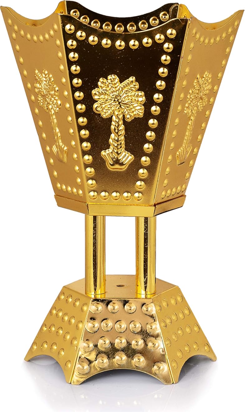 AM Arabian Incense Burner Bakhoor Burner for Oud Frankincense Resin - Metallic Hexagon Motif (Gold Palm)