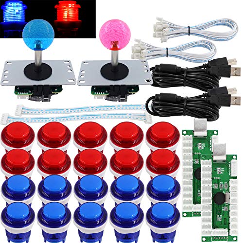 SJ@JX Arcade 2 Player Game Controller Stick DIY Kit LED Buttons MX Microswitch 8 Way Joystick USB Encoder Cable for PC MAME Raspberry Pi Red Blue - Image 1