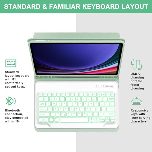 SENGBIRCH Keyboard Case for Samsung Galaxy Tab S10 Plus, Galaxy S9+ Plus Keyboard 12.4 inch, Magic Keyboard for Samsung S9 FE + Case, 7 Colors Backlit, Magnetic Detachable, Auto Sleep/Wake Up Smart Case (Green) - Image 3