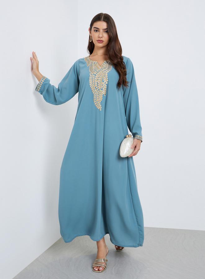Styli Blue Embroidered A-Line Jalabiya - Image 1