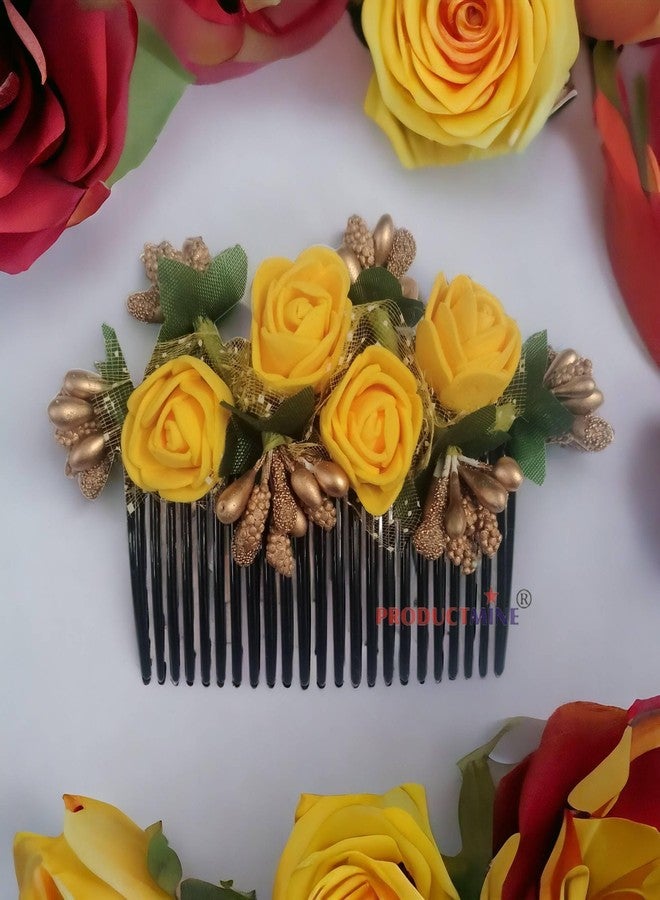 PRODUCTMINE مشط شعر مزين بالزهور من PRODUCTMINE®، إكسسوارات شعر مزينة بالزهور، دبوس شعر مزين بالزهور للنساء والفتيات، دبابيس شعر نسائية لحفلات الزفاف - ورد صناعي بلون أصفر مانجو - قطعة واحدة - Image 2
