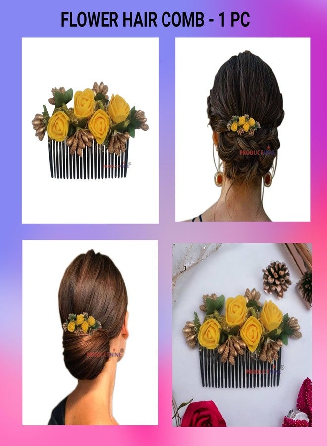 PRODUCTMINE مشط شعر مزين بالزهور من PRODUCTMINE®، إكسسوارات شعر مزينة بالزهور، دبوس شعر مزين بالزهور للنساء والفتيات، دبابيس شعر نسائية لحفلات الزفاف - ورد صناعي بلون أصفر مانجو - قطعة واحدة - Image 3