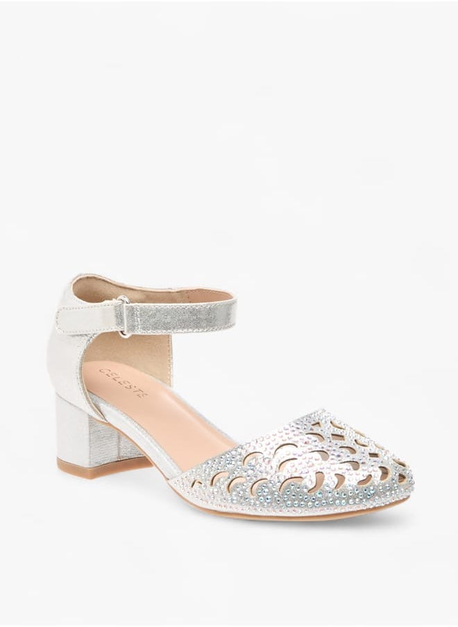 Celeste Girls Embellished Block Heel Shoes With Ankle Strap And Cutout Detail  - Image 1