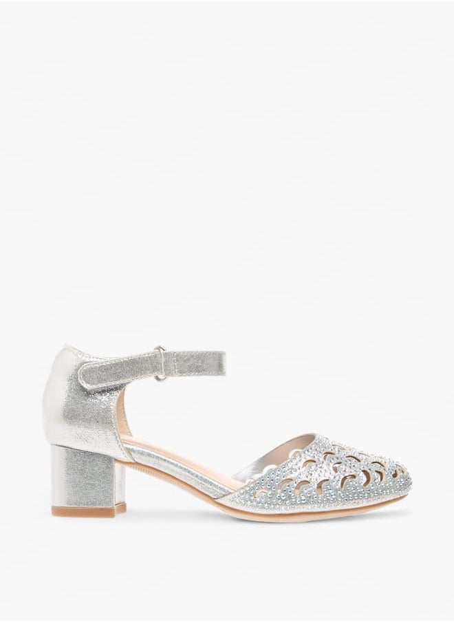 Celeste Girls Embellished Block Heel Shoes With Ankle Strap And Cutout Detail  - Image 3
