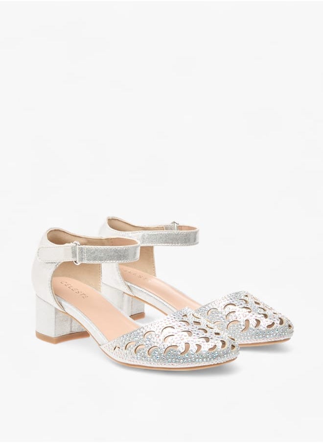 Celeste Girls Embellished Block Heel Shoes With Ankle Strap And Cutout Detail  - Image 2