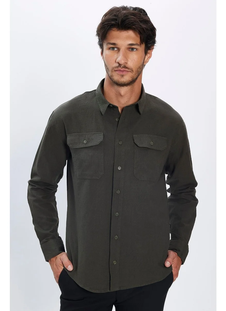 تودورس Men's Relax Fit Casual Cut 100% Cotton Linen Texture Double Pocket Khaki Shirt