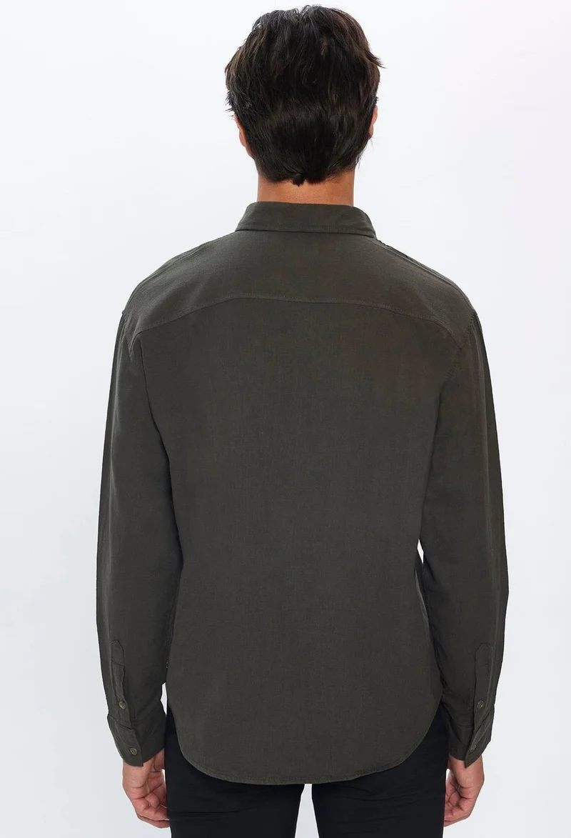 تودورس Men's Relax Fit Casual Cut 100% Cotton Linen Texture Double Pocket Khaki Shirt