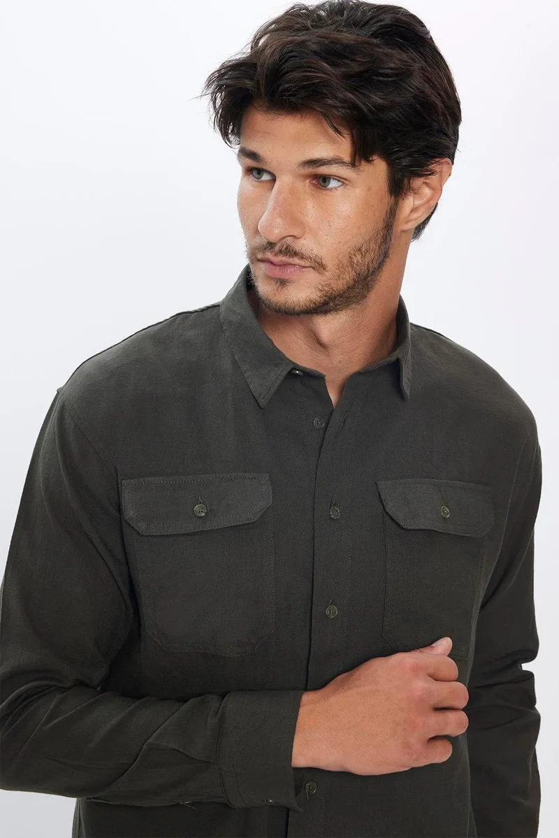 تودورس Men's Relax Fit Casual Cut 100% Cotton Linen Texture Double Pocket Khaki Shirt