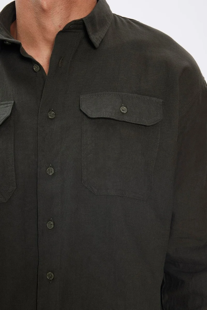 تودورس Men's Relax Fit Casual Cut 100% Cotton Linen Texture Double Pocket Khaki Shirt