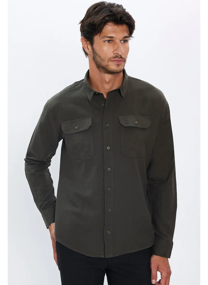 تودورس Men's Relax Fit Casual Cut 100% Cotton Linen Texture Double Pocket Khaki Shirt
