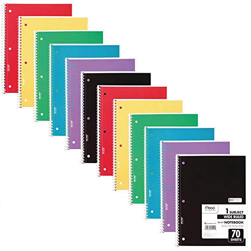 Mead Spiral Notebook, 12 Pack, 1 Subject, Wide Ruled Paper, 7-1/2" x 10-1/2", 70 Sheets per Notebook, Colors Will Vary (930202-ECM25) - Image 1