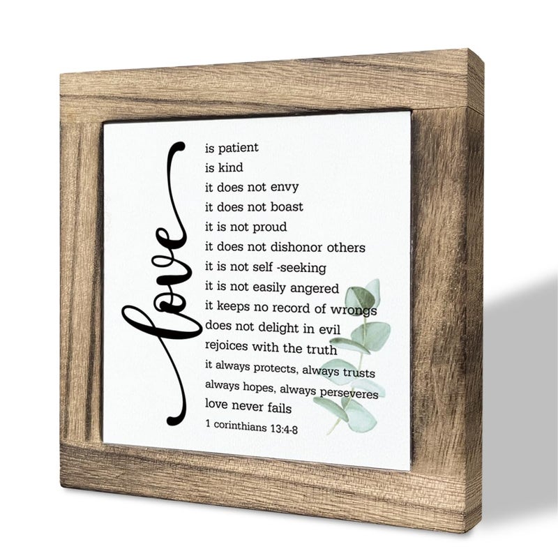Gkwa Bible Verse Corinthians 13:4-8 Box Sign, Love Never Fails, Wooden Plaque Gift Tabletop, Rustic Love Sign, Wood Block Plaque for Anniversary, Religious Home Decor, Gift for Couple, Wedding Gift - Image 1