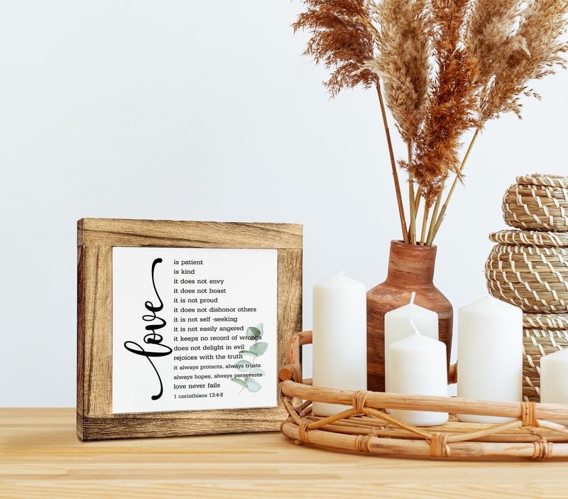Gkwa Bible Verse Corinthians 13:4-8 Box Sign, Love Never Fails, Wooden Plaque Gift Tabletop, Rustic Love Sign, Wood Block Plaque for Anniversary, Religious Home Decor, Gift for Couple, Wedding Gift - Image 5