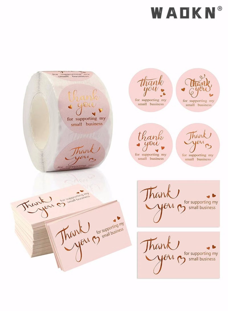 WAOKN 600PCS Thank You Cards and Stickers Set Gold Foil 1.5 Inch Thank You For Supporting My Small Business Stickers 9x5CM Greeting Cards for Online Retail Shop Package Inserts - Image 1