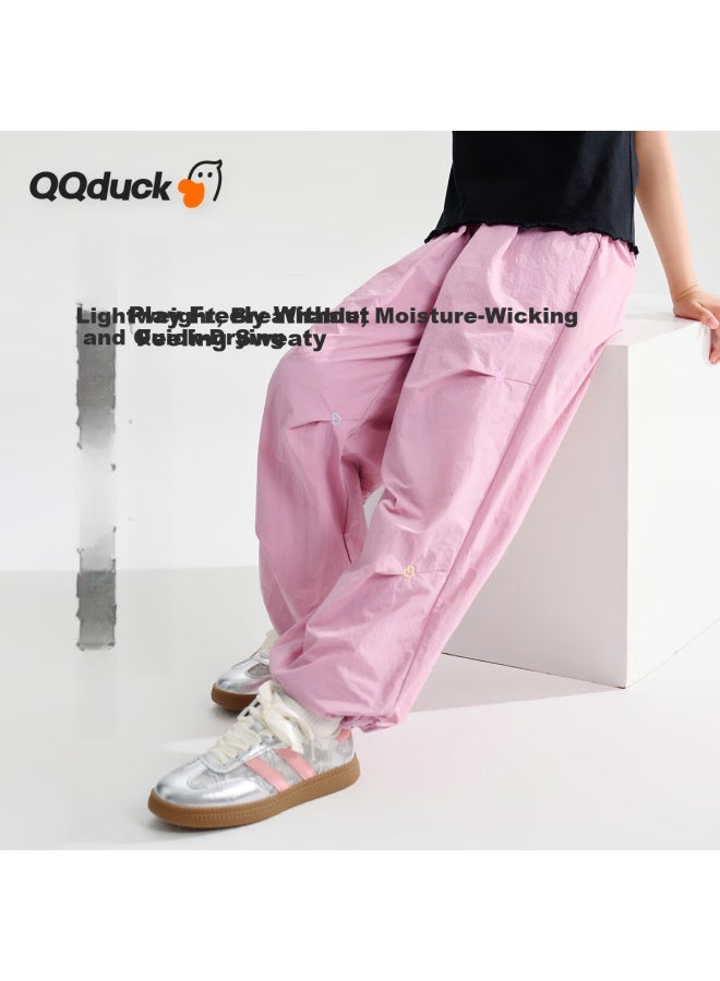 QQ DUCK سروال كيو كيو دك للبنات سريع الجفاف سروال صيفي طويل للأطفال ملابس رياضية للمراهقين سروال مظلي رمادي وردي; 160 - Image 4