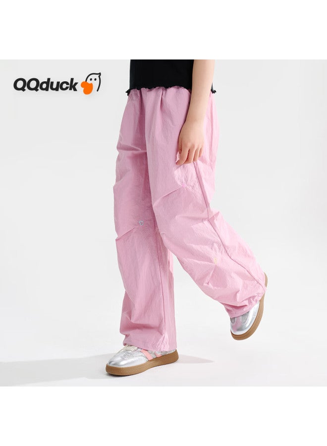 QQ DUCK سروال كيو كيو دك للبنات سريع الجفاف سروال صيفي طويل للأطفال ملابس رياضية للمراهقين سروال مظلي رمادي وردي; 160 - Image 2