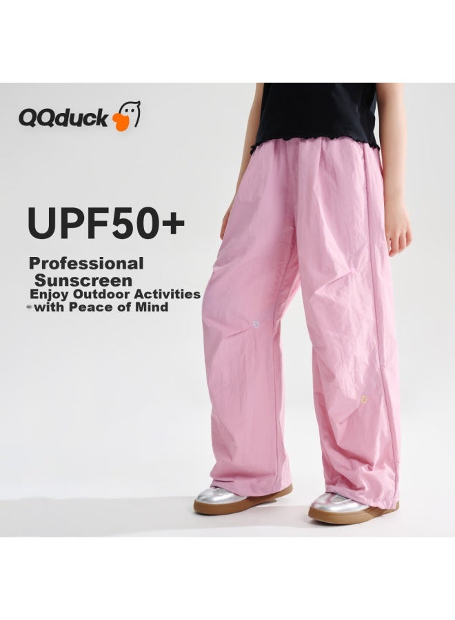 QQ DUCK سروال كيو كيو دك للبنات سريع الجفاف سروال صيفي طويل للأطفال ملابس رياضية للمراهقين سروال مظلي رمادي وردي; 160 - Image 3