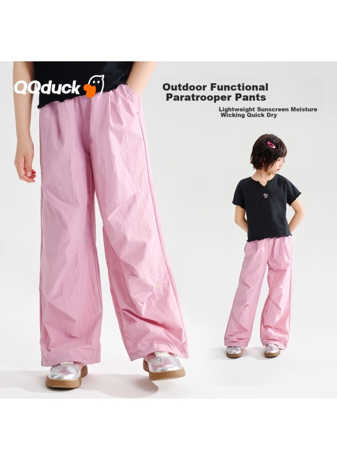 QQ DUCK سروال كيو كيو دك للبنات سريع الجفاف سروال صيفي طويل للأطفال ملابس رياضية للمراهقين سروال مظلي رمادي وردي; 160 - Image 1