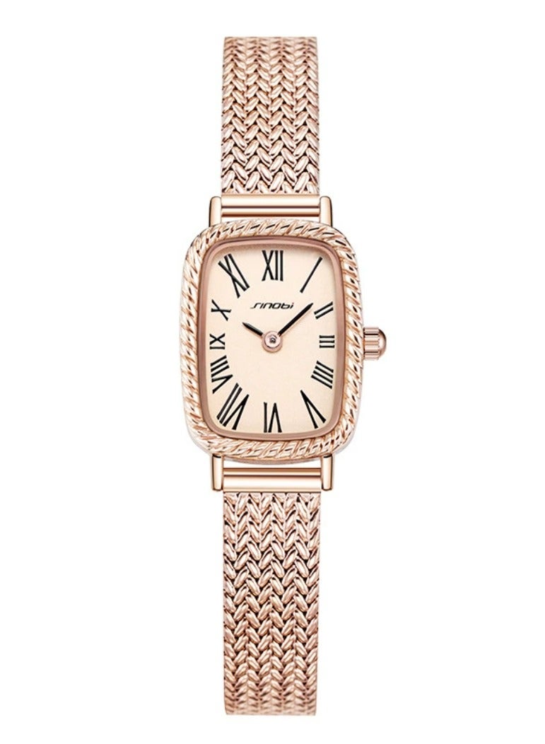 SINOBI Wheat Pattern Steel Strap Rose Gold Square Quartz Women's Small Square Watch - Image 1